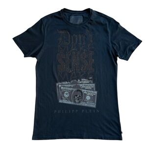Philipp Plein Mens XXL Black Rhinestone Money Skull Graphic T‎ Shirt